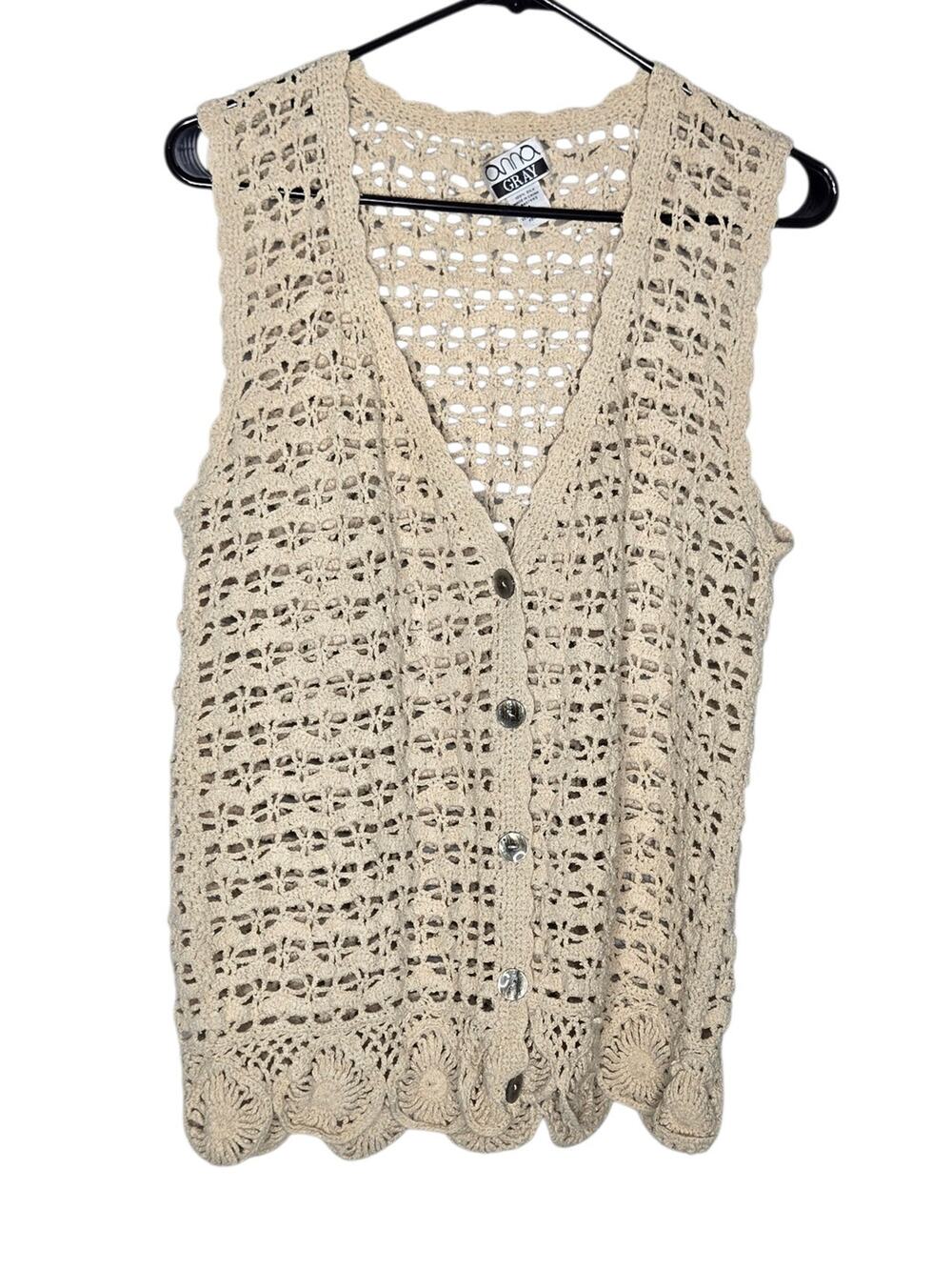 Anna Gray Beige Vintage Silk Crochet Button Front Vest Women's Large